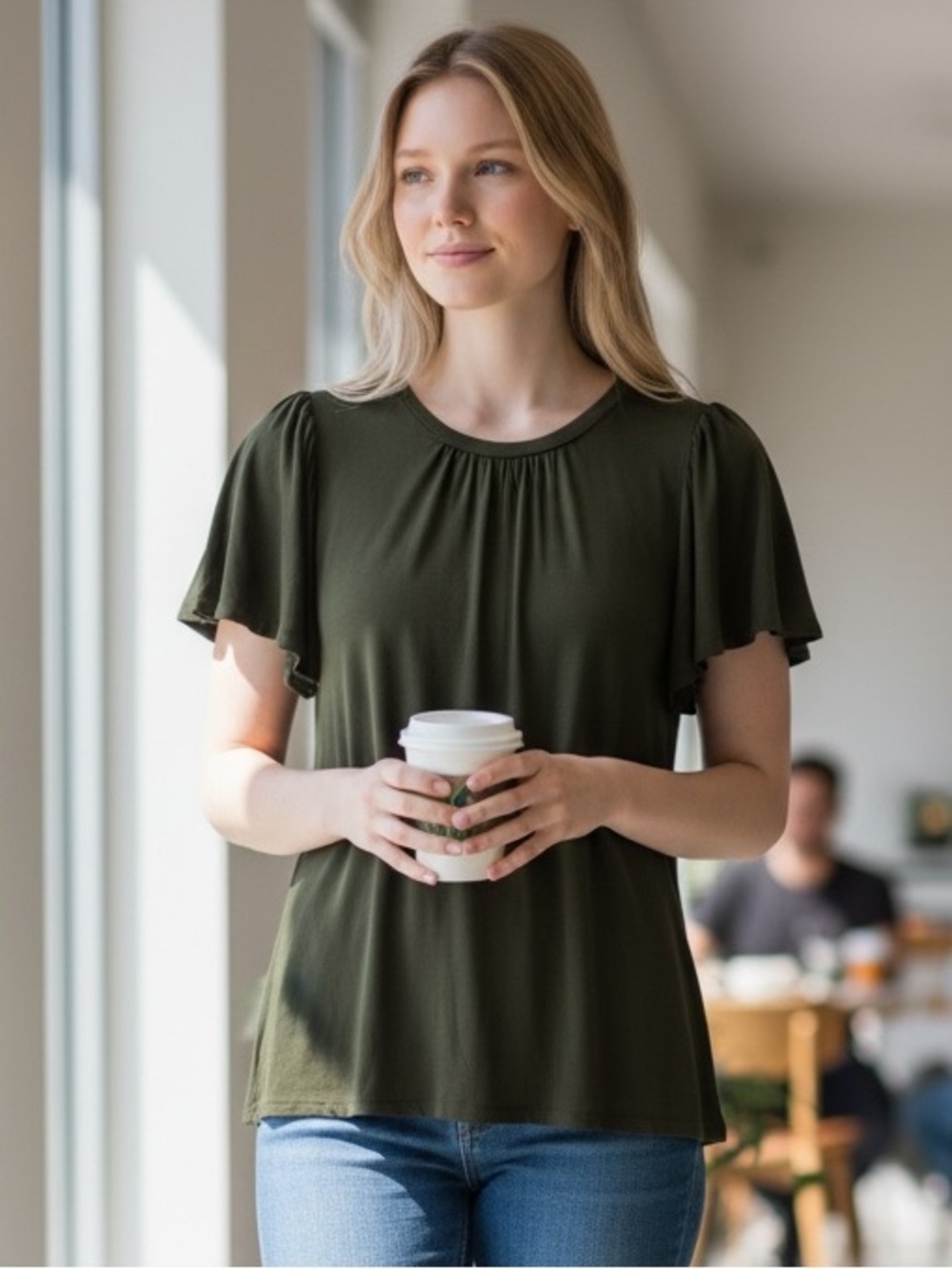 LOFT Blouse Womens Petite XSP Olive Green Flutter Sleeve Business Casual